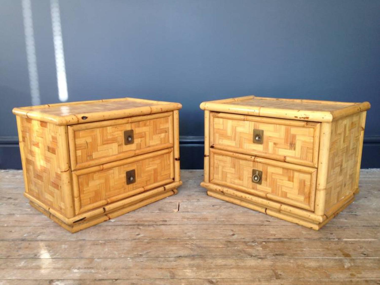 A pair of bamboo and brass bedside tables