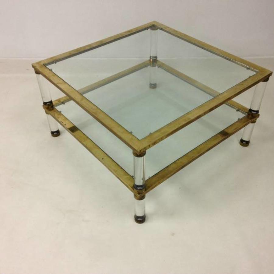 Two tier lucite and brass coffee table