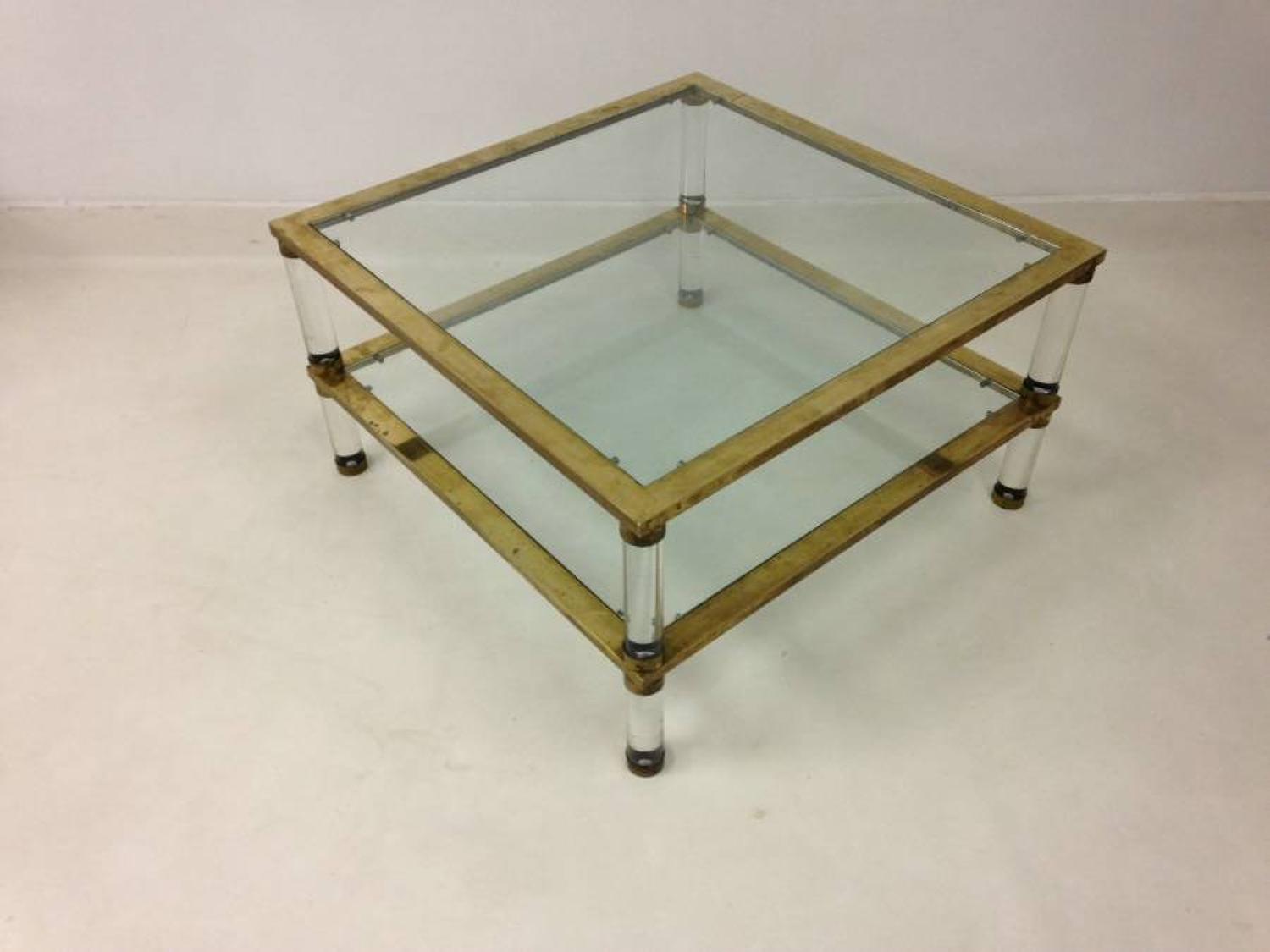 Two tier lucite and brass coffee table