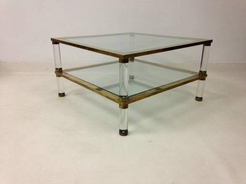 Two tier lucite and brass coffee table