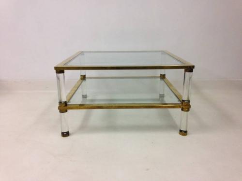 Two tier lucite and brass coffee table