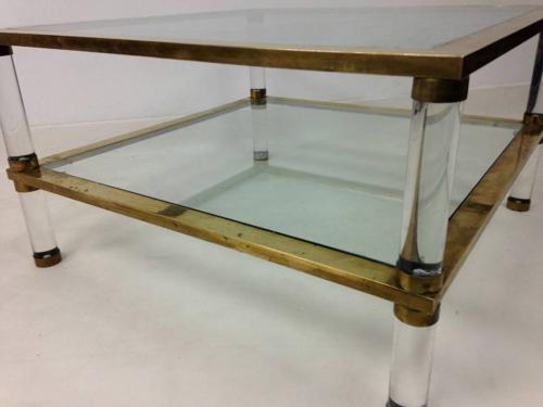 Two tier lucite and brass coffee table