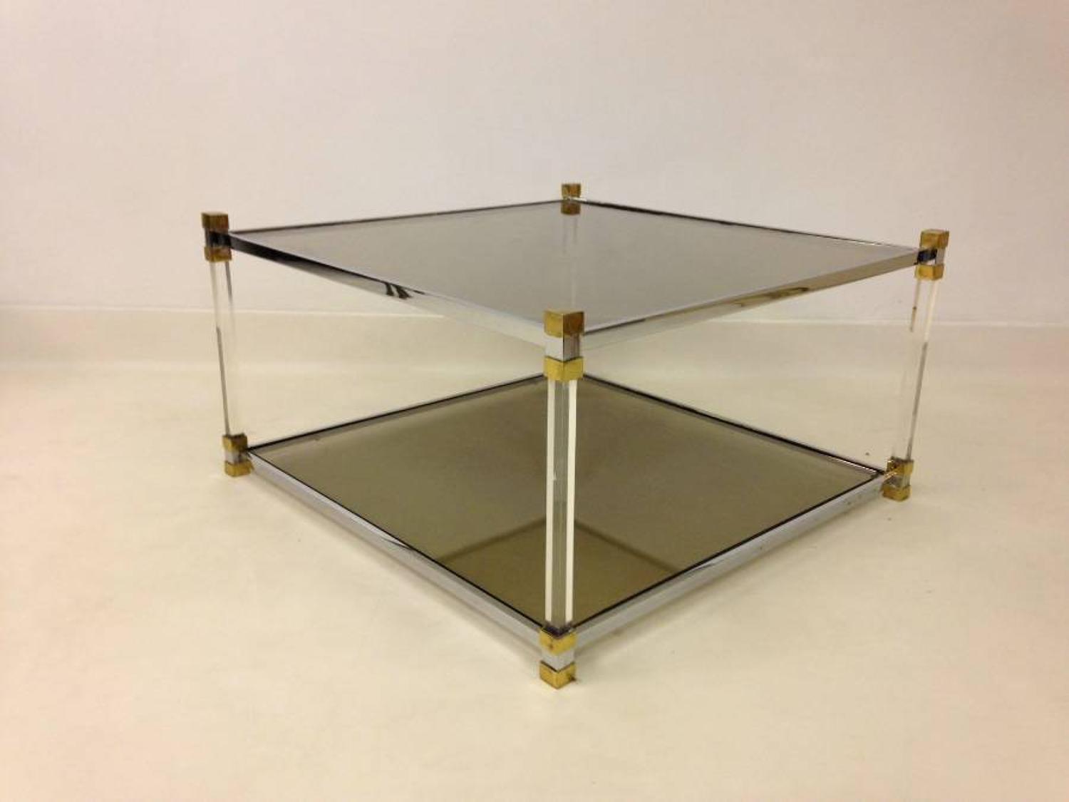 Lucite, chrome and brass coffee table