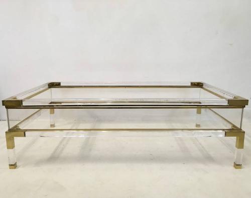 Lucite and brass sliding coffee table