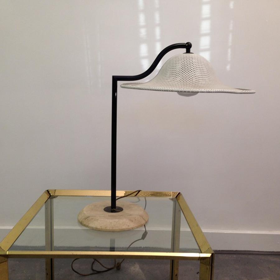 Perforated metal and stone table lamp