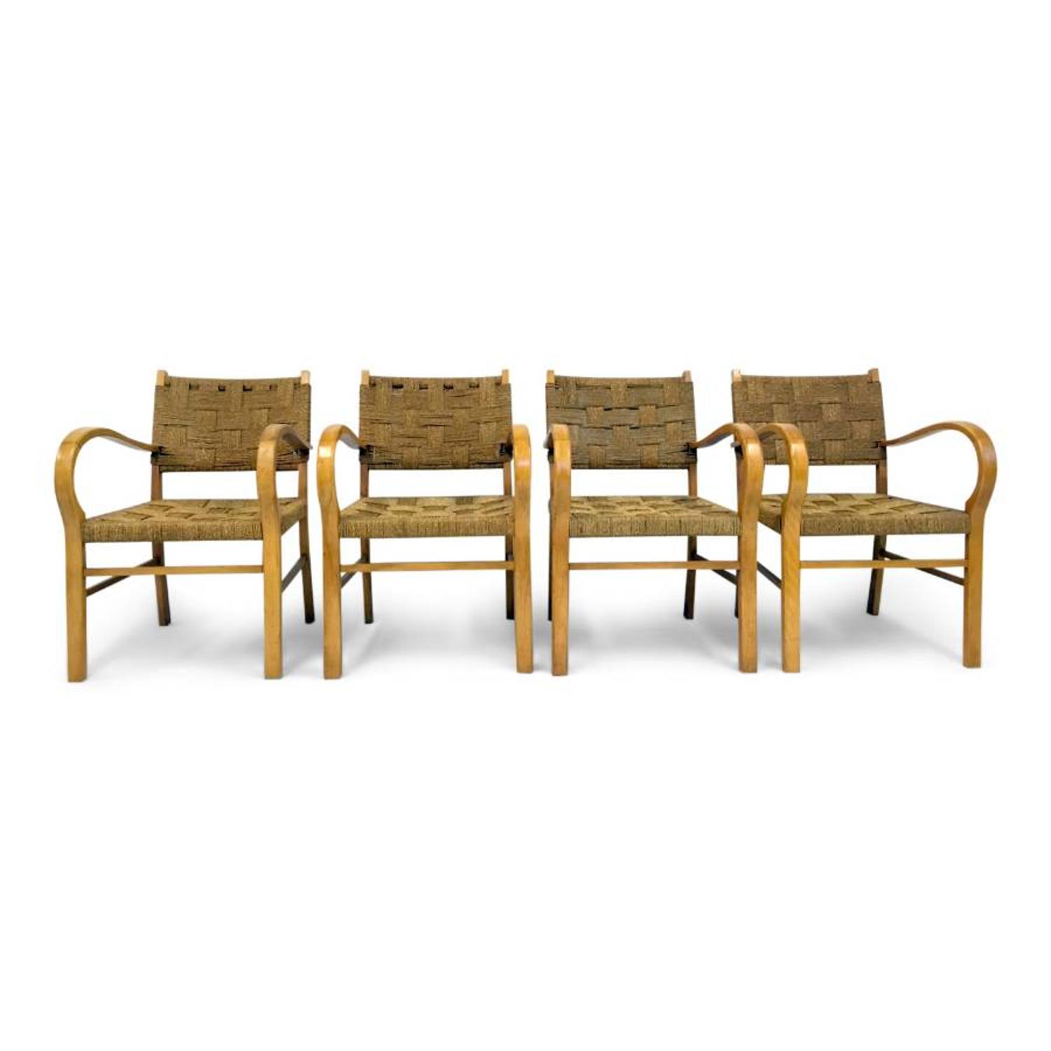 Four French 1950s beech and rope bridge chairs