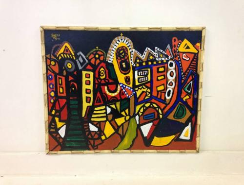 Abstract painting in faux bamboo frame