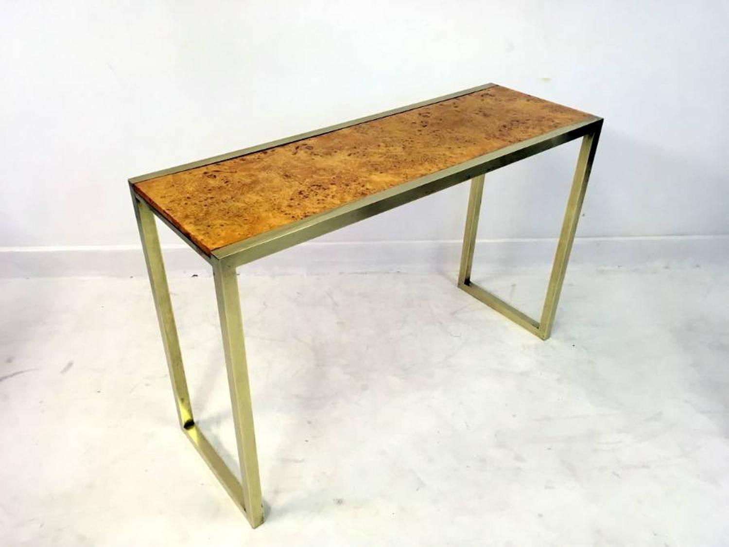 Italian brass console table with burr wood top