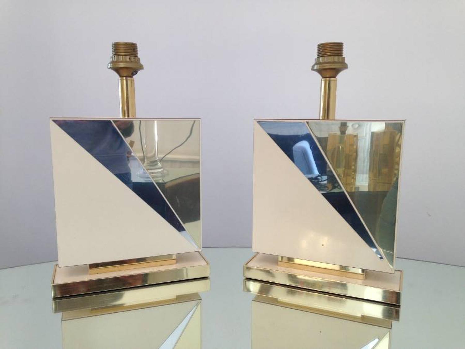 A pair of brass, chrome and wood table lamps