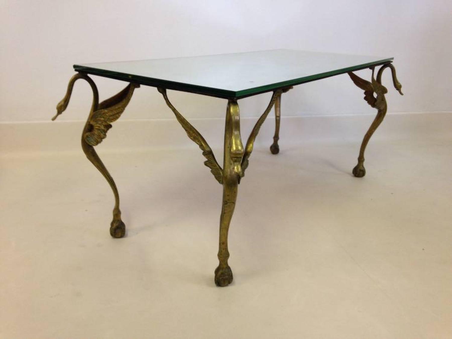 Brass swan and mirrored glass coffee table