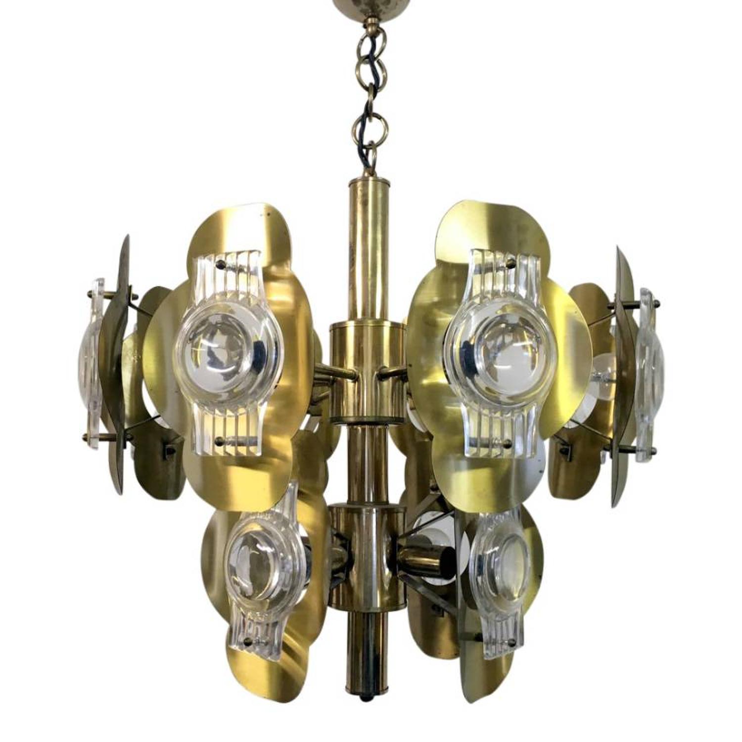 1960s Italian brass and glass chandelier