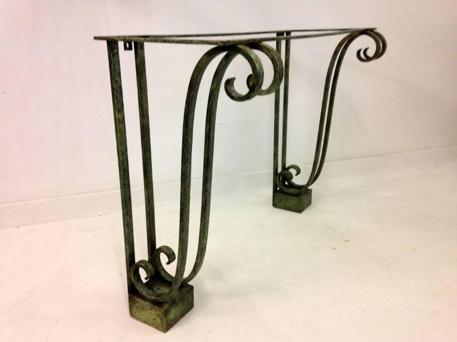 Wrought iron console with verdigris finish