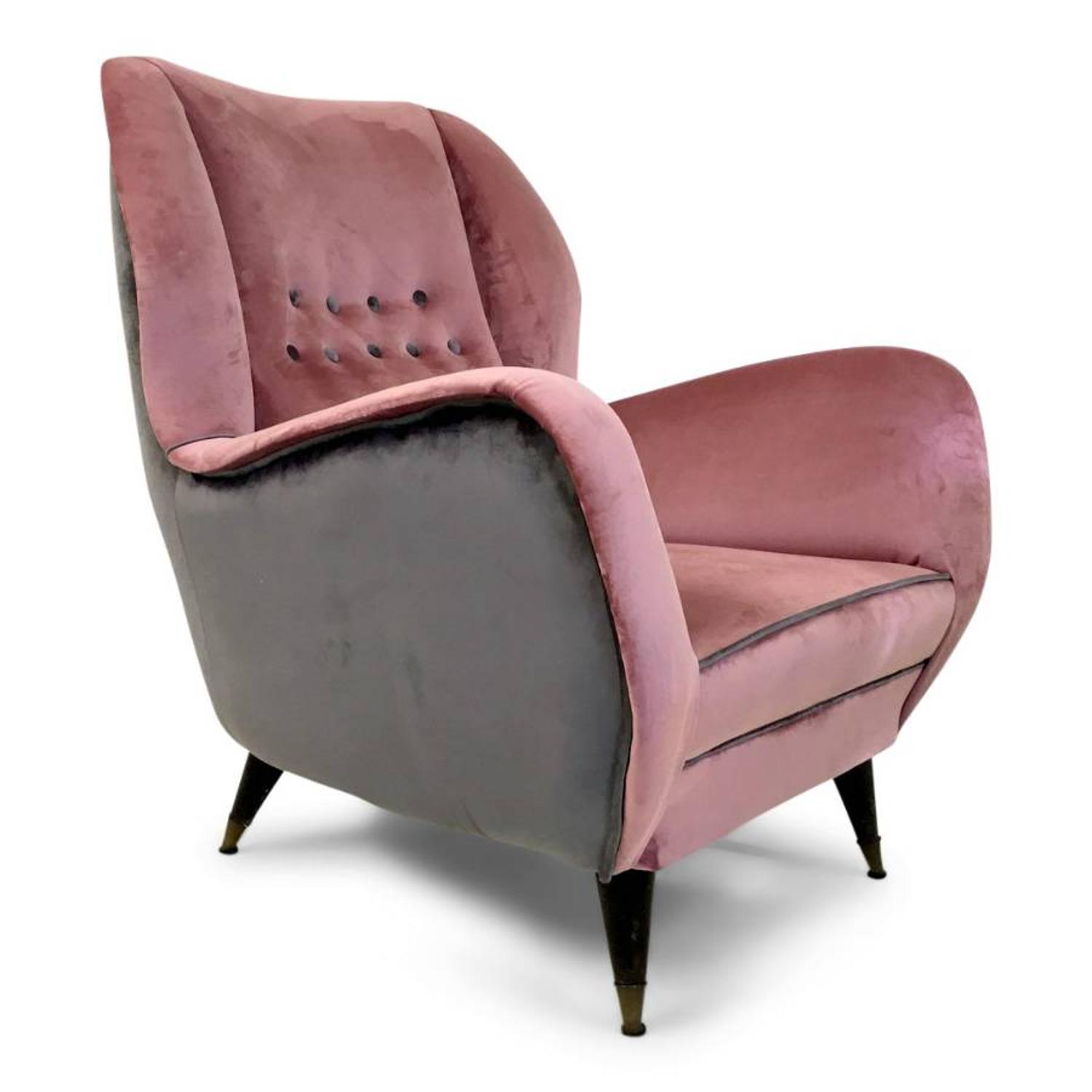 A 1950s pink and grey velvet Italian armchair