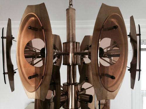 Italian brass and smoked glass chandelier