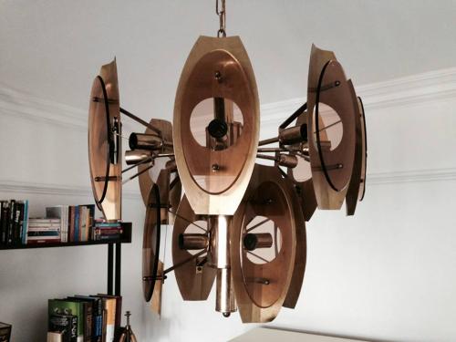 Italian brass and smoked glass chandelier