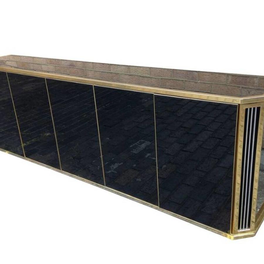 1970s black glass and brass credenza