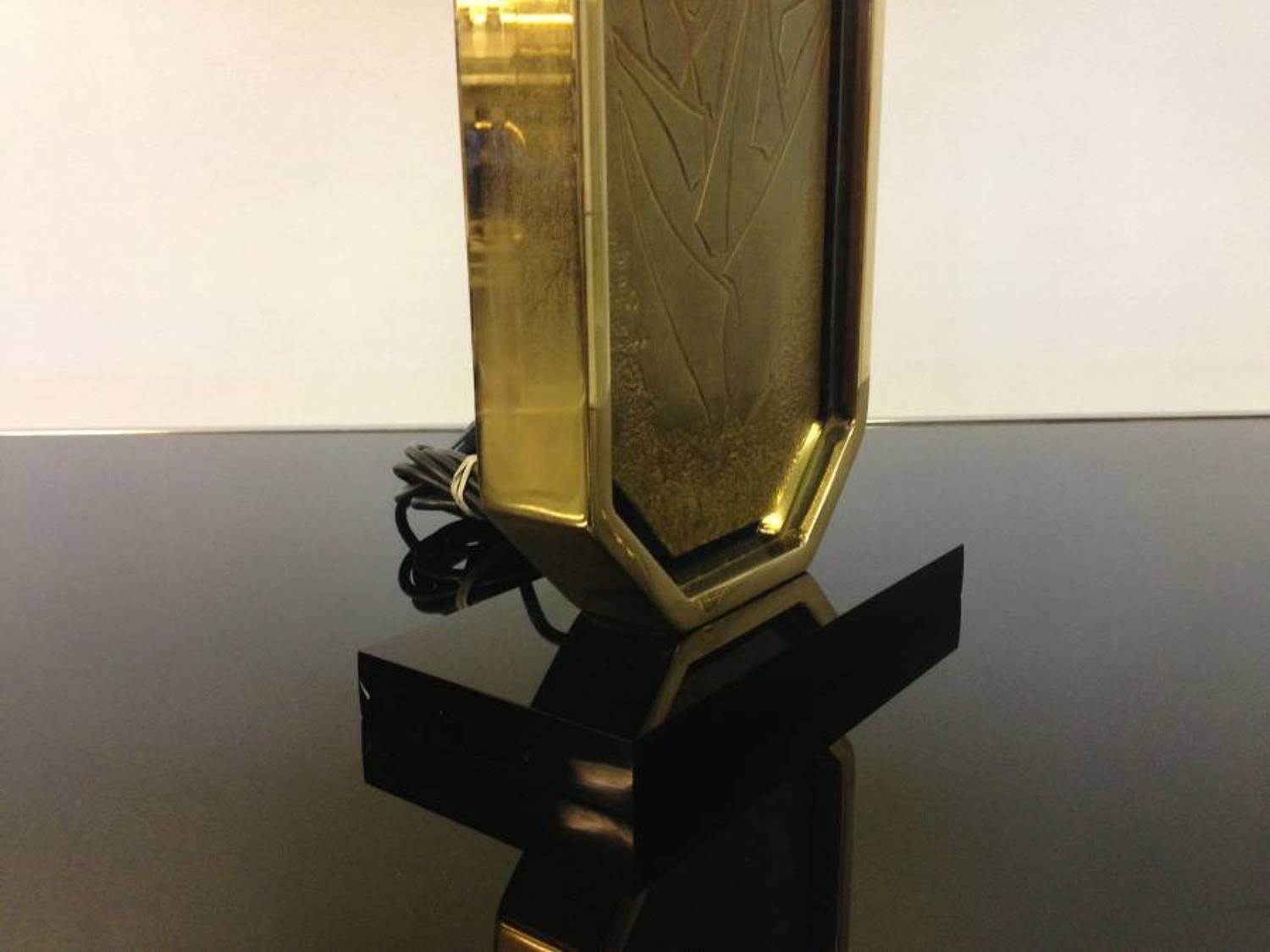 Etched brass table lamp on lucite base