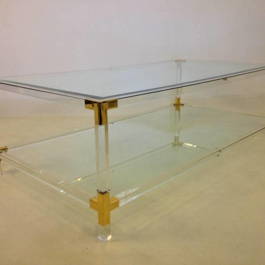Lucite and brass coffee table