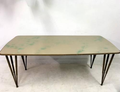 1950s Italian glass topped dining table with metal legs
