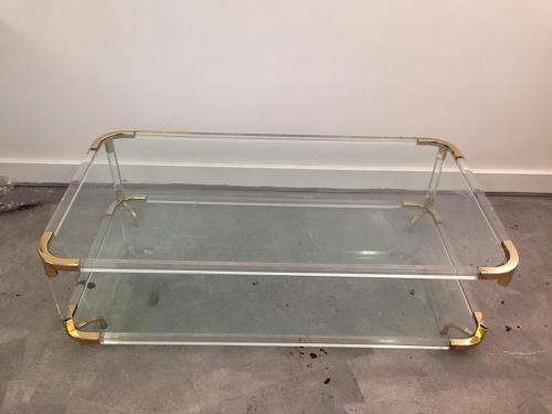 1970s lucite and brass coffee table