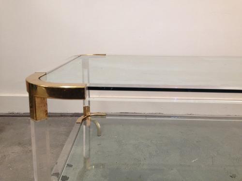 1970s lucite and brass coffee table