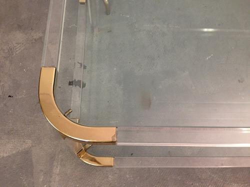 1970s lucite and brass coffee table