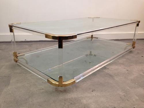 1970s lucite and brass coffee table