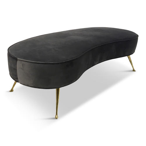 Contemporary Italian grey velvet kidney shaped stool with brass legs