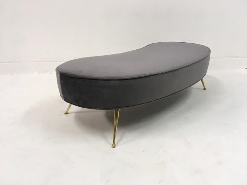 Contemporary Italian grey velvet kidney shaped stool with brass legs