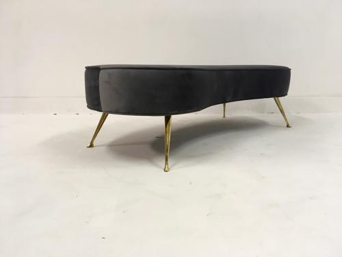 Contemporary Italian grey velvet kidney shaped stool with brass legs