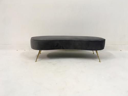 Contemporary Italian grey velvet kidney shaped stool with brass legs