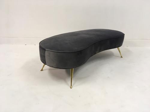 Contemporary Italian grey velvet kidney shaped stool with brass legs
