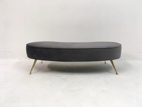 Contemporary Italian grey velvet kidney shaped stool with brass legs