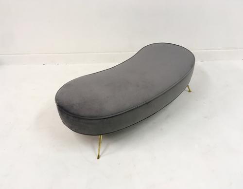 Contemporary Italian grey velvet kidney shaped stool with brass legs
