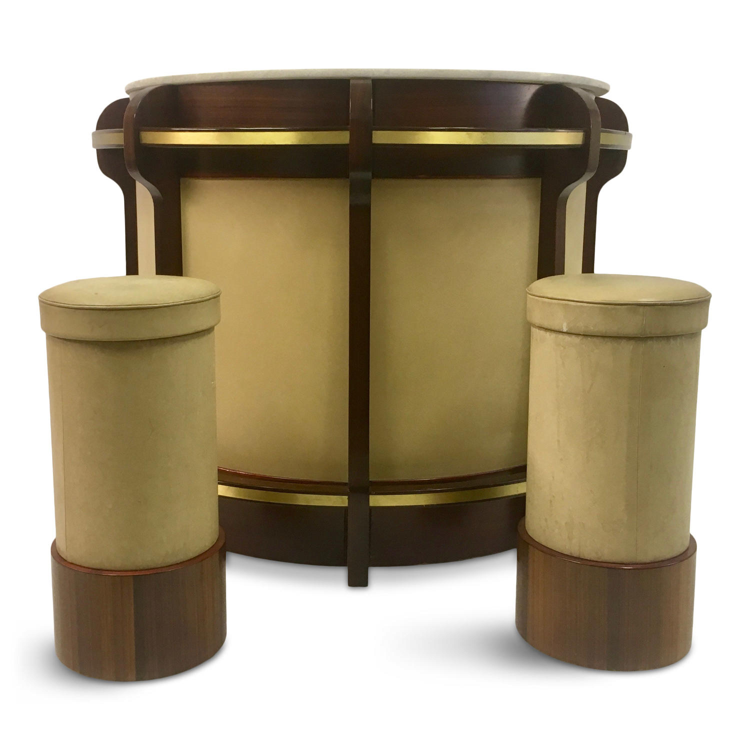 1970s walnut and brass bar and stools by Luciano Frigerio