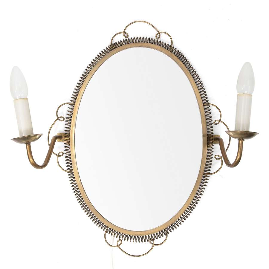 1950s Swedish Brass Mirror with Sconces