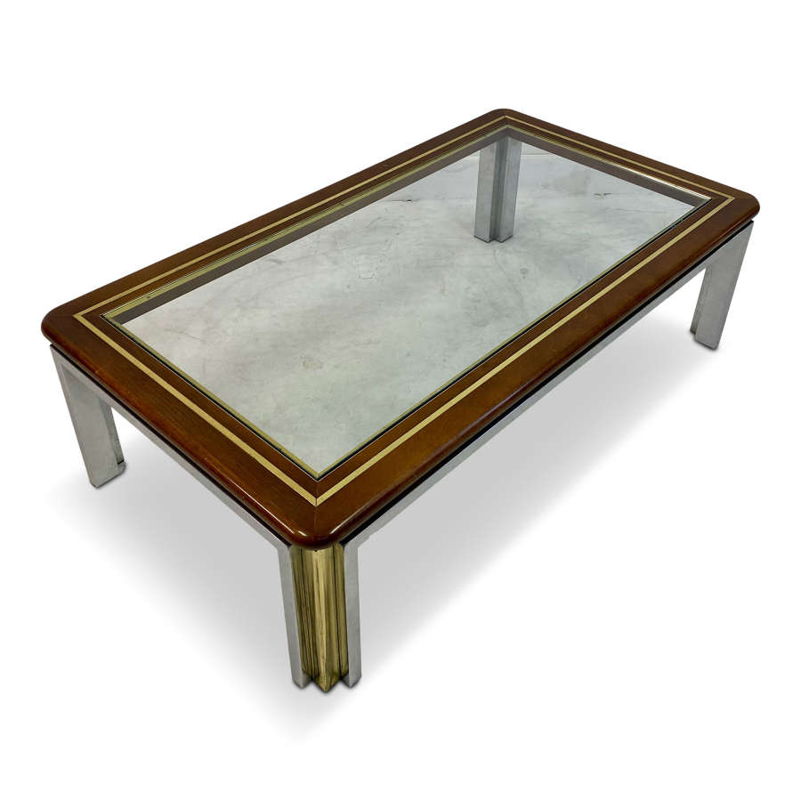 1970s Wood, Brass and Chrome Coffee Table
