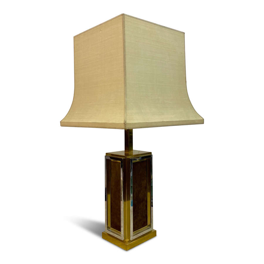 1970s French Brass, Chrome and Leather Table Lamp by Maison Jansen