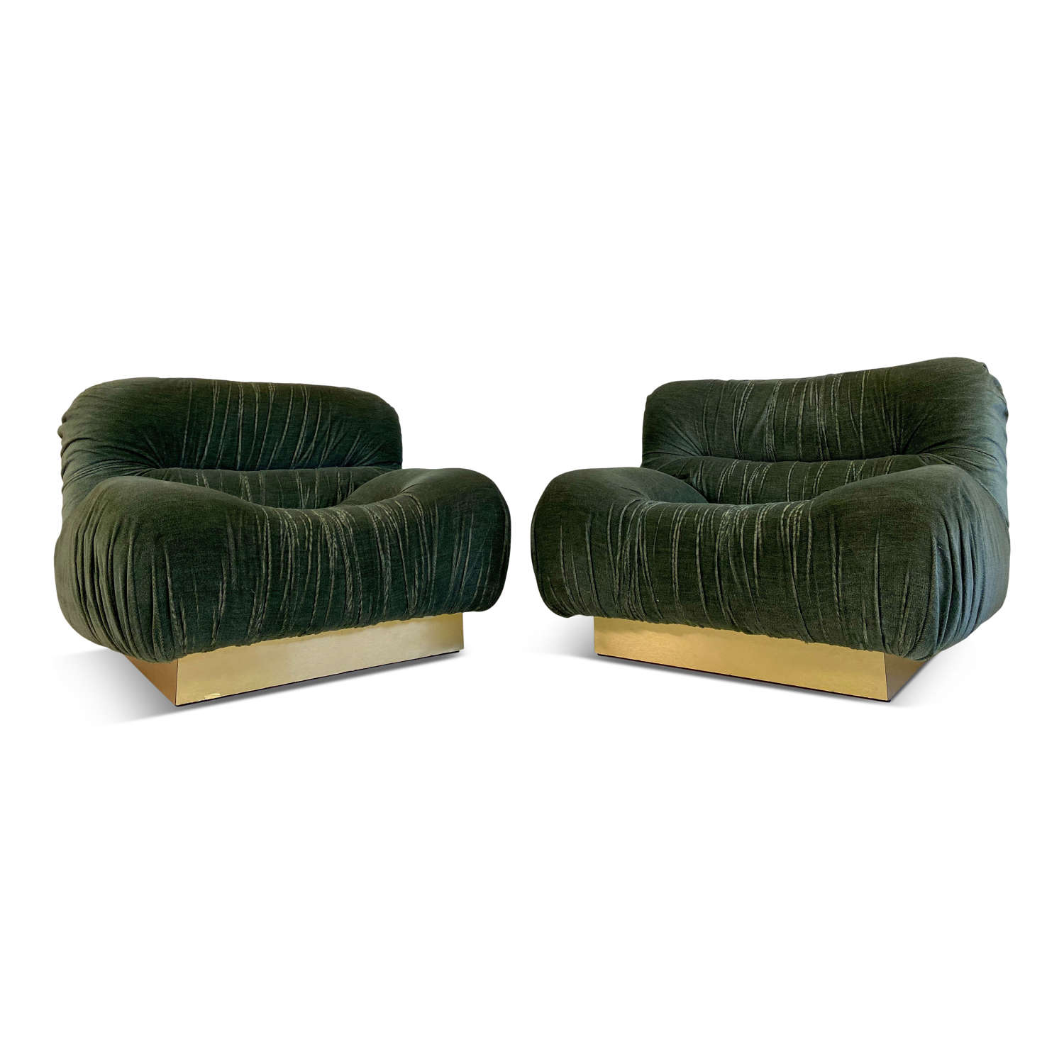 Pair of 1970s Green Velvet and Brass Lounge Chairs