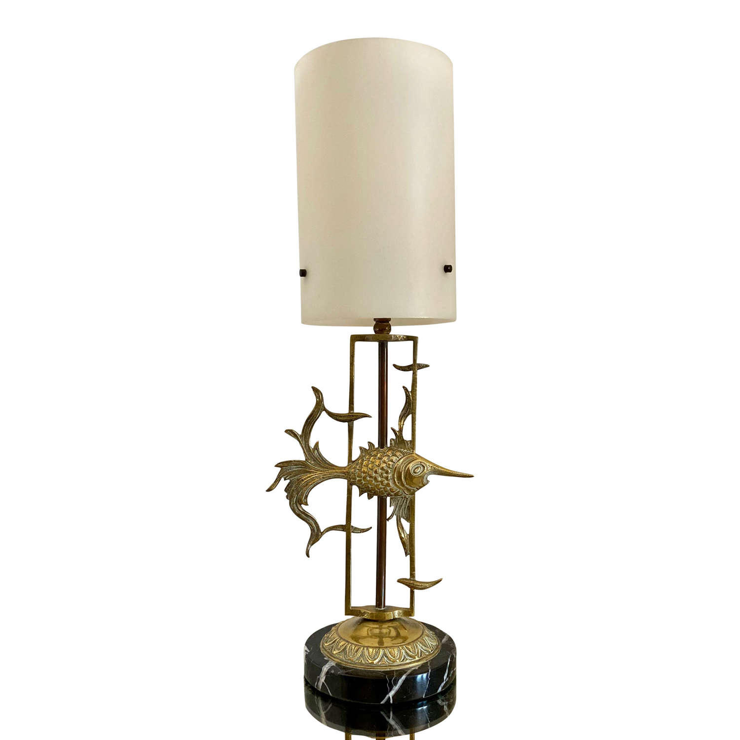 1950s Brass Fish with Marble Base Table Lamp