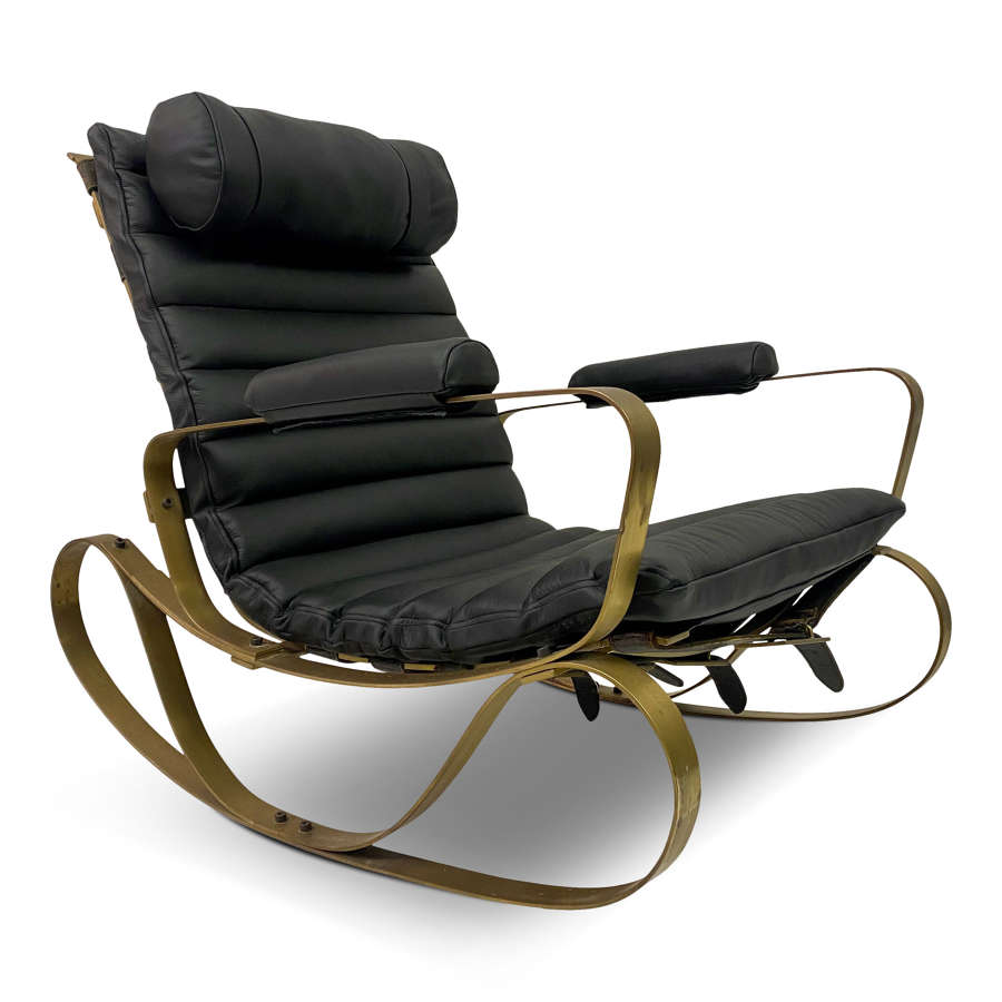 1970s Italian Brass and Black Leather Rocking Chair by Frigerio