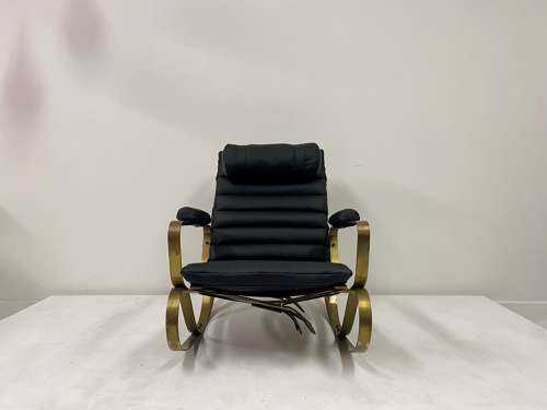 1970s Italian Brass and Black Leather Rocking Chair by Frigerio