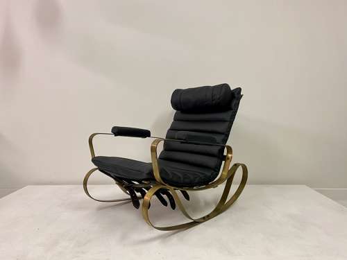1970s Italian Brass and Black Leather Rocking Chair by Frigerio