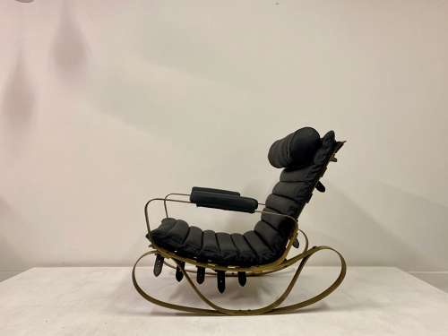 1970s Italian Brass and Black Leather Rocking Chair by Frigerio