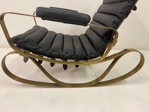 1970s Italian Brass and Black Leather Rocking Chair by Frigerio