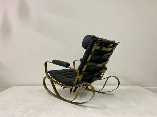 1970s Italian Brass and Black Leather Rocking Chair by Frigerio