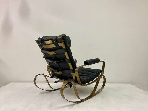 1970s Italian Brass and Black Leather Rocking Chair by Frigerio
