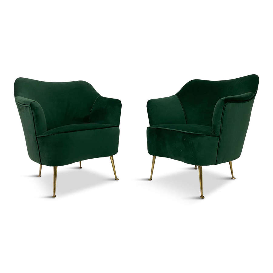 Pair of 1950s Italian Armchairs in Green Velvet