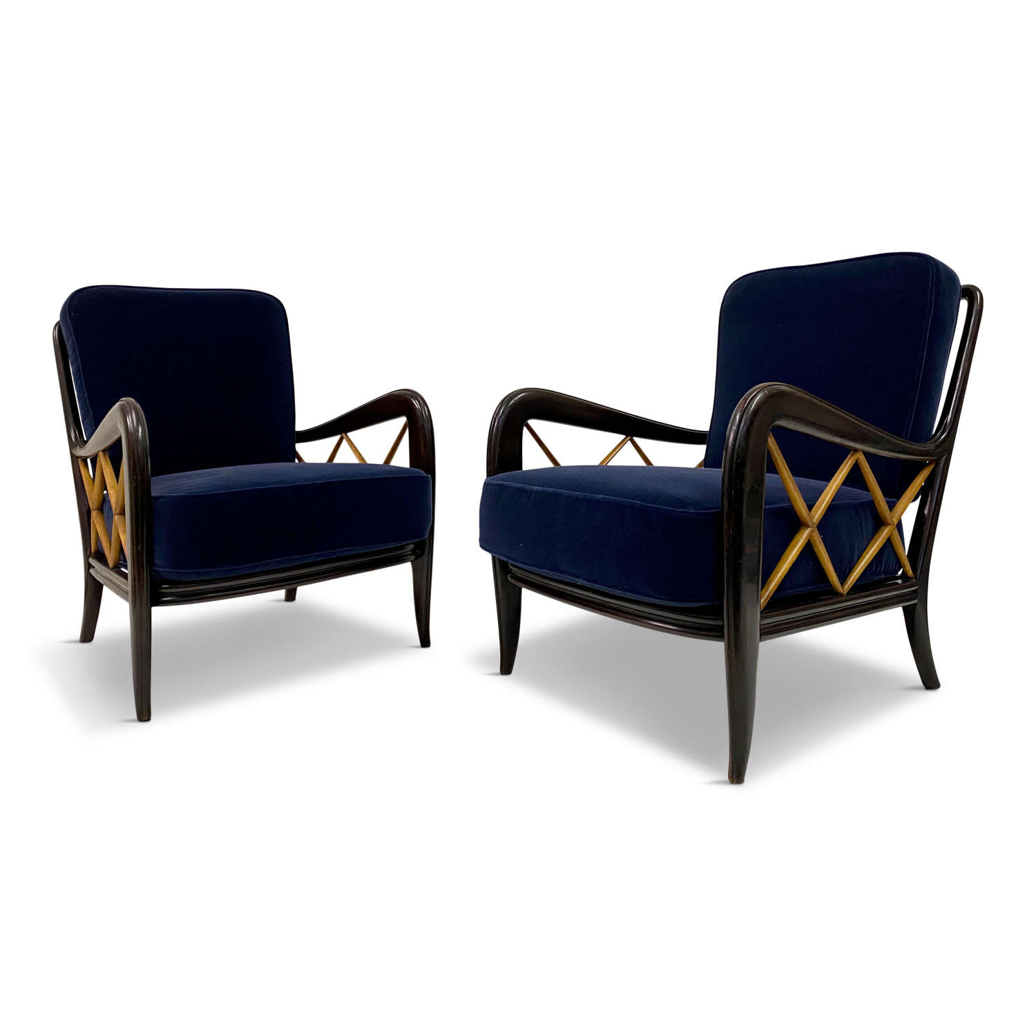 Pair of 1950s Paolo Buffa Style Armchairs in Blue Mohair Velvet