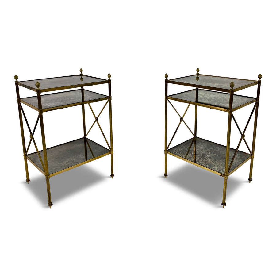 Pair of Three Tier Brass and Eglomise Glass Side Tables